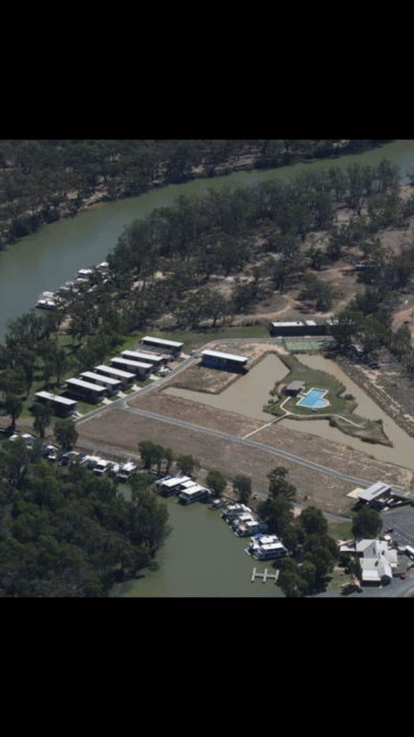 Aerial view of house and river