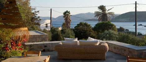 main terrace with a view of the sea and the monastery of Hora