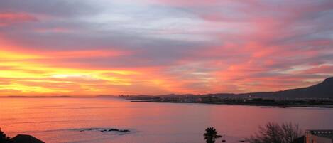 Sunset over the bay viewed from the deck