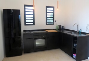 fully equipped kitchen with electric oven, electric stove, refrigerator/freezer