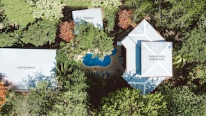 Aerial view of the main house, rancho and casita.