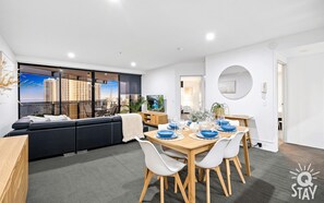 Sophisticated dining area is right next to the kitchen