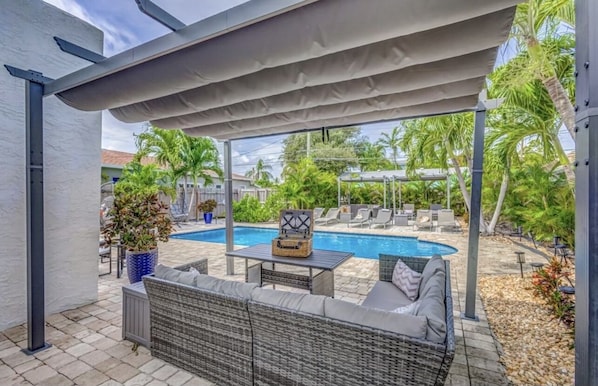 Spacious outdoor pool area.