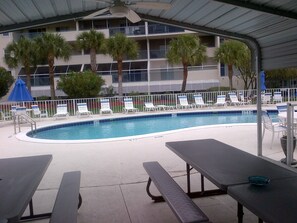 Shade canopy at pool area and BBQ