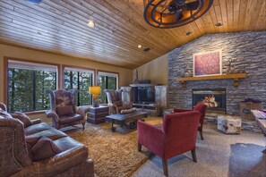 Main liv rm with gas fireplace & views to the lake