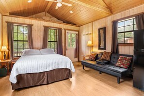 A queen-sized bed and double-sized futon, both with clean and fresh linens, provide soothing slumber for up to four people.