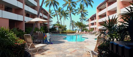 Here’s our beautiful pool, hot tub and barbecue area. 