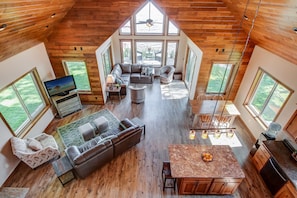 Vaulted ceilings and views of the lake from both levels