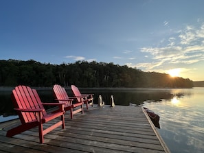 Morning at dock - canoe and 2 kayaks