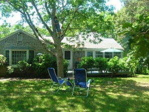 Large deck with gas grill and private back yard