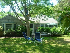 Large deck with gas grill and private back yard