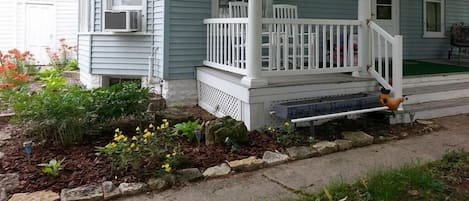 Beautiful flowers and local limestone rock make this a great place to enjoy.