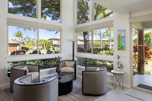 Enjoy a cup of Kona coffee in our comfortable club swivel chairs
