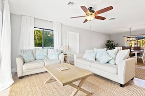 Living room with queen sized pull-out couch. 