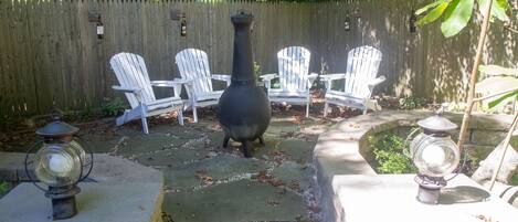 Flagstone patio with chiminea fireplace