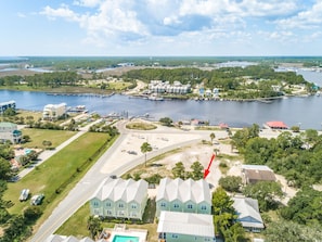 Aerial view of condos and river