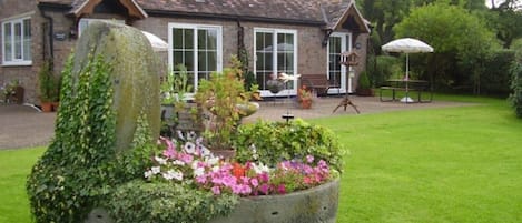 Orchard & Dovecote Cottage view from the top lawn.