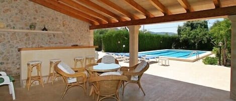 Covered terrace next to pool, jacuzzi and sauna