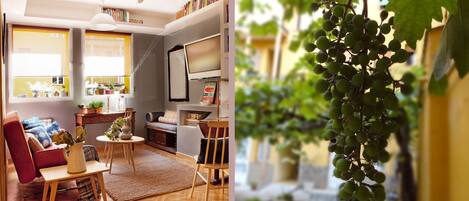 Living room view after last refurbishment in July 2014 and vine in courtyard.