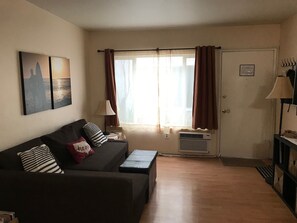 Entrance and the extended couch. AC wall unit is brand new!