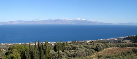 view from the house towards the Corinthian bay and Mount Parnassus