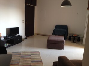 large living room with TV and video