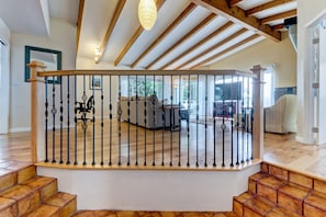 Great Room showing three steps to main bathroom