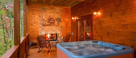 Terrace Level 6-8 Person Hot Tub with the Glow of the Fireplace