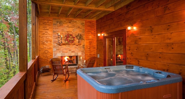 Terrace Level 6-8 Person Hot Tub with the Glow of the Fireplace