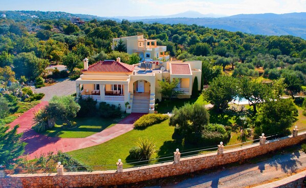 Air view villa Deleni - solar panels on the roof make it sustainable