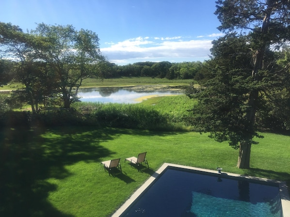 Pool, pond and backyard seen from upper deck