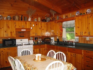 fully stocked kitchen--even spices. Full size refrigerator. 