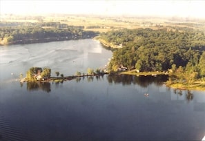 Aerial view of house on a 750 acre all sports lake - lake house is on right side