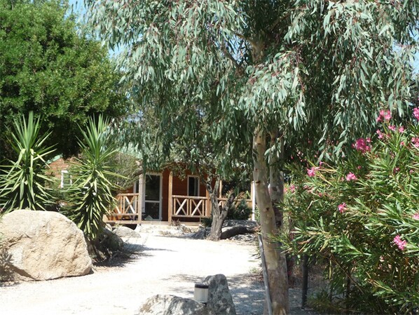 joli chalet en bois en pleine verdure à quelques minutes de la plage