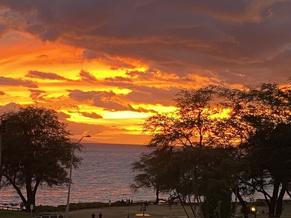 View from the end of our front walkway -
sunset at Kamaole 3 Beach Park