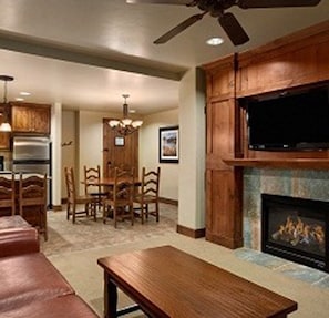 Dining area and kitchen viewed from living room