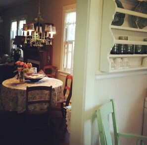 A delight around every corner.  Round oak table seats five comfortably.