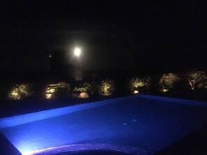 Full Moon over Infinity Pool / Back yard at night with LED night lights