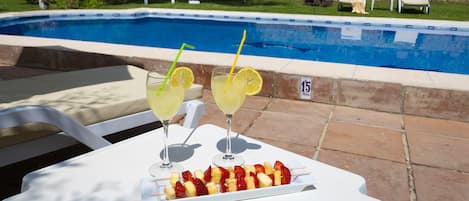 Detalle piscina, solarium y jardín