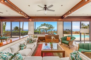 Bask in Ocean & Sunset Views from the Newly Redesigned Living Area. Sliding Glass Doors Open to Pool Deck & Lanai.