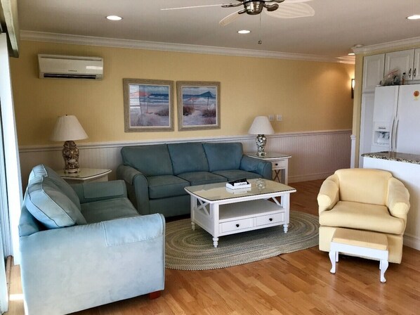 Hardwood is throughout the condo, with spacious open concept great room/kitchen