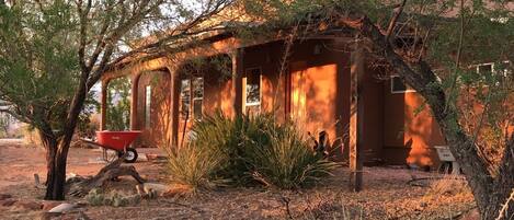 Western view with mesquite trees, cactus and wheelbarrow.  