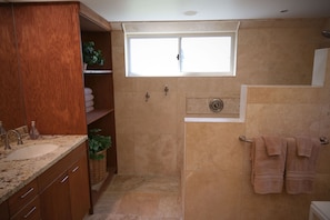 completely remodeled bathroom with huge walk in shower