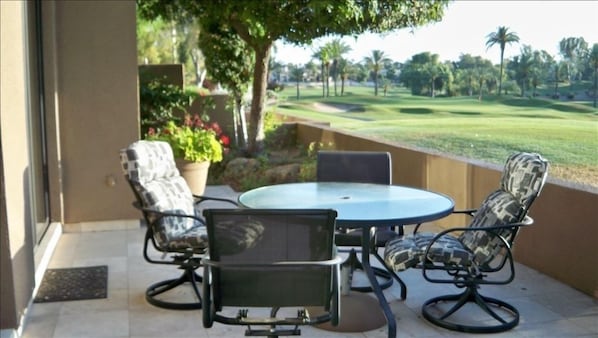 Patio View of the 1st hole of the Lakes Course - Watch golfer's tee-off!