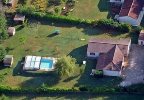 Aerial view of the house and garden/pool