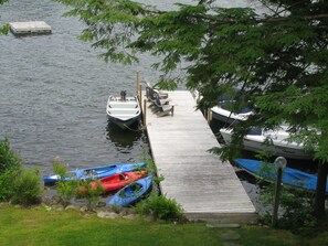 Wide dock with 3 kayaks, 2 paddle boards and swim platform available.