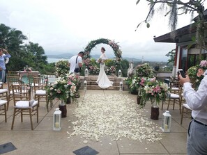 Getting ready for a wedding on the pool terrace.