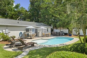 Giant Private Backyard with Pool! Outdoor Shower and Fully Fenced in.