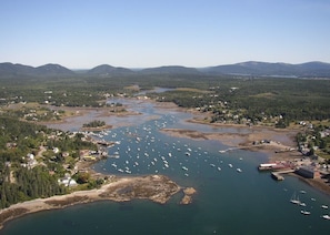 Bass Harbor with the mountains of Acadia 