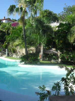 The communal pool is lovely to swim in and to relax under a coconut shade 